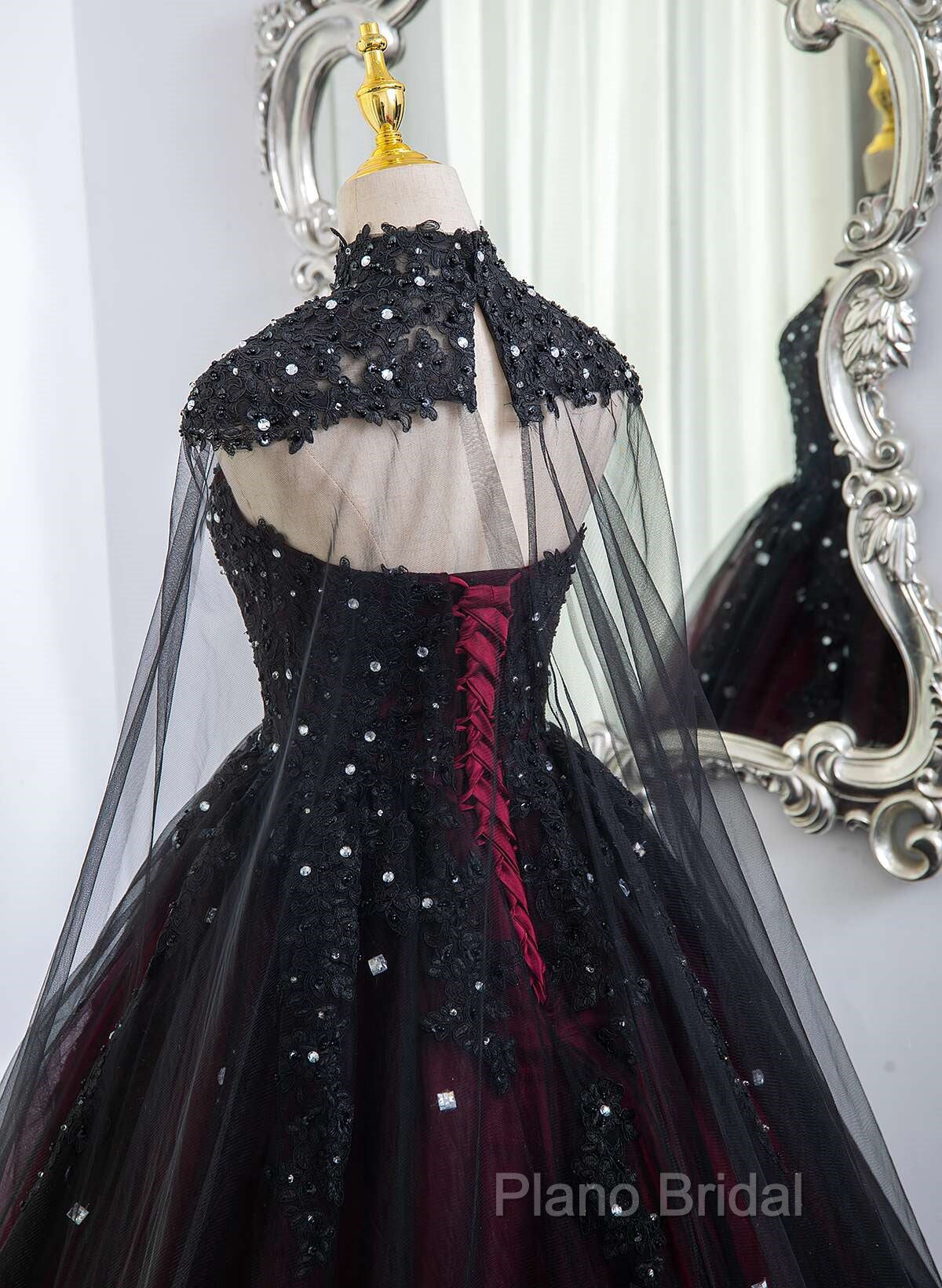 Gorgeous Black And Red Tulle Ball Gown Sweet 16 Dresses With Cape, Long Formal Prom Dresses