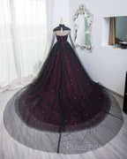 Gorgeous Black And Red Tulle Ball Gown Sweet 16 Dresses With Cape, Long Formal Prom Dresses