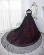 Gorgeous Black And Red Tulle Ball Gown Sweet 16 Dresses With Cape, Long Formal Prom Dresses