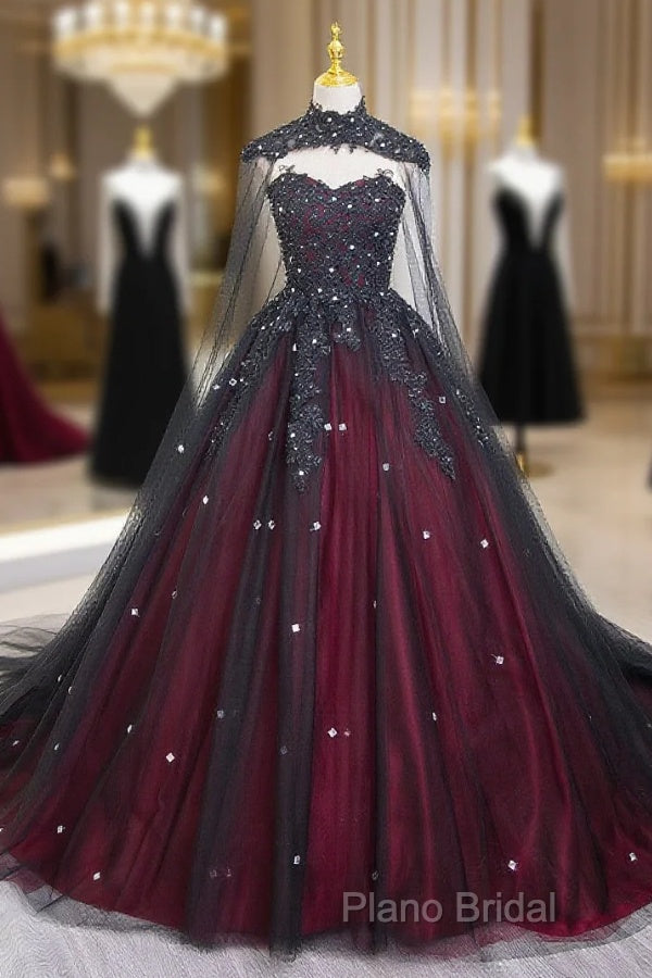 Gorgeous Black And Red Tulle Ball Gown Sweet 16 Dresses With Cape, Long Formal Prom Dresses Main image