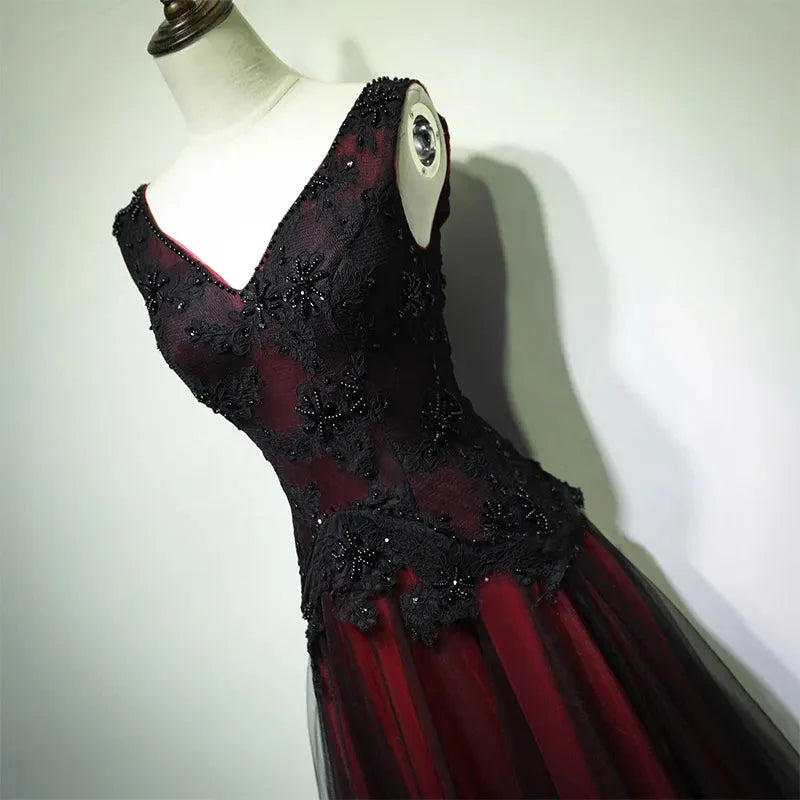 Gorgeous Black And Red V-Neckline Tulle Beaded Formal Prom Dresses, Long Formal Evening Gown