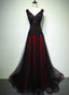 Gorgeous Black And Red V-Neckline Tulle Beaded Formal Prom Dresses, Long Formal Evening Gown