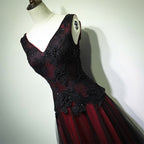 Gorgeous Black And Red V-Neckline Tulle Beaded Formal Prom Dresses, Long Formal Evening Gown