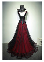 Gorgeous Black And Red V-Neckline Tulle Beaded Formal Prom Dresses, Long Formal Evening Gown