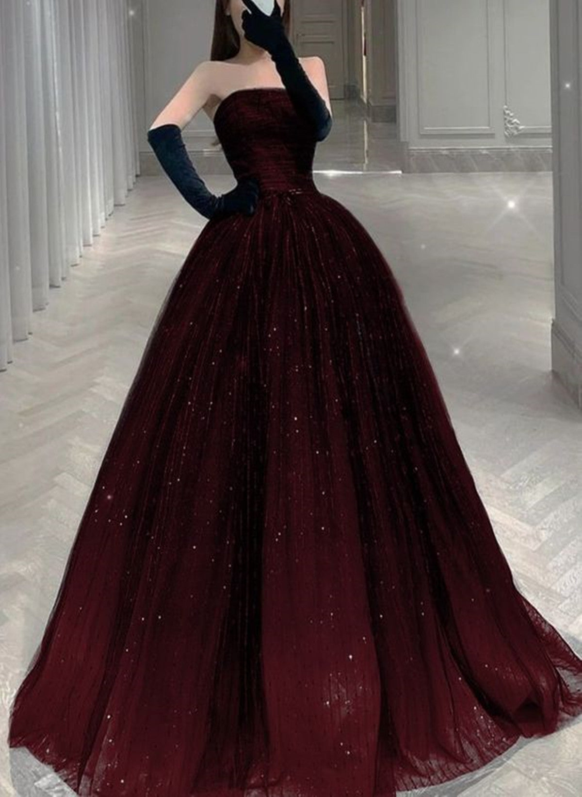 Gorgeous Black And Tulle Shiny Tulle Long Formal Evening Dresses, Black And Red Formal Gown Main image