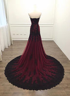 Gorgeous Black And Wine Red Mermaid Long Formal Evening Gown Party Dresses, Sweetheart Lace Formal Dresses