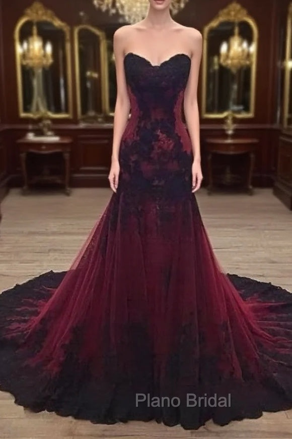 Gorgeous Black and Wine Red Mermaid Long Evening Gown Party Dresses, Sweetheart Lace Formal Dresses Main image