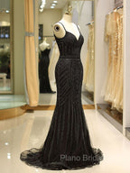 Gorgeous Black Evening Dresses Mermaid Luxury Heavy Beaded Straps Long Formal Evening Dresses