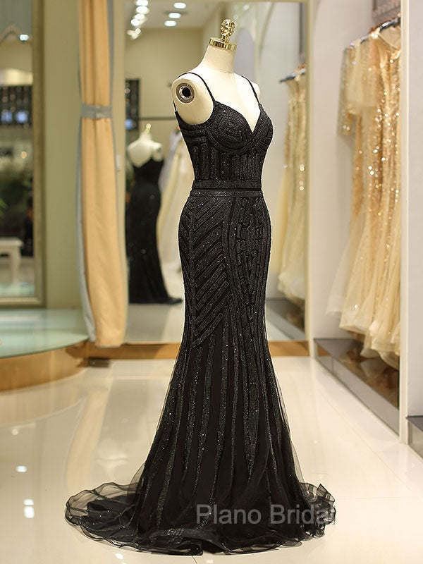 Gorgeous Black Evening Dresses Mermaid Luxury Heavy Beaded Straps Long Formal Evening Dresses