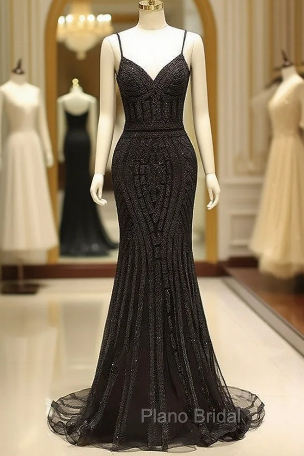 Gorgeous Black Evening Dresses Mermaid Luxury Heavy Beaded Straps Long Formal Evening Dresses