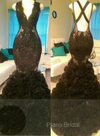 Gorgeous Black Mermaid V-Neck Tulle Appliques Open-Back Formal Prom Party Gowns
