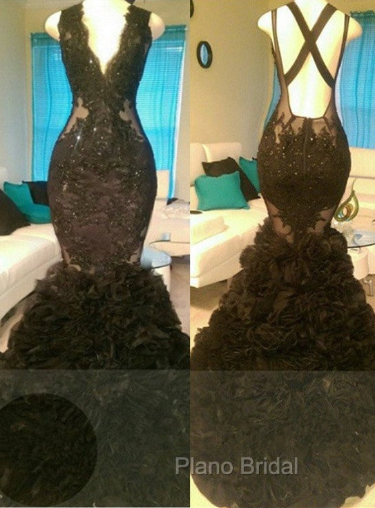 Gorgeous Black Mermaid V-Neck Tulle Appliques Open-Back Formal Prom Party Gowns
