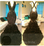 Gorgeous Black Mermaid V-Neck Tulle Appliques Open-Back Formal Prom Party Gowns