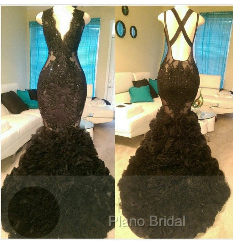 Gorgeous Black Mermaid V-Neck Tulle Appliques Open-Back Formal Prom Party Gowns