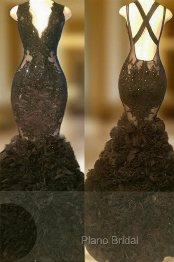 Gorgeous Black Mermaid V-Neck Tulle Appliques Open-Back Formal Prom Party Gowns Main image