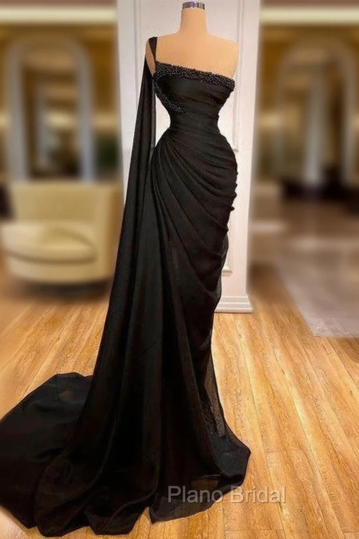 Gorgeous Black One Shoulder Mermaid Formal Prom Dresses Long Ruffles Main image