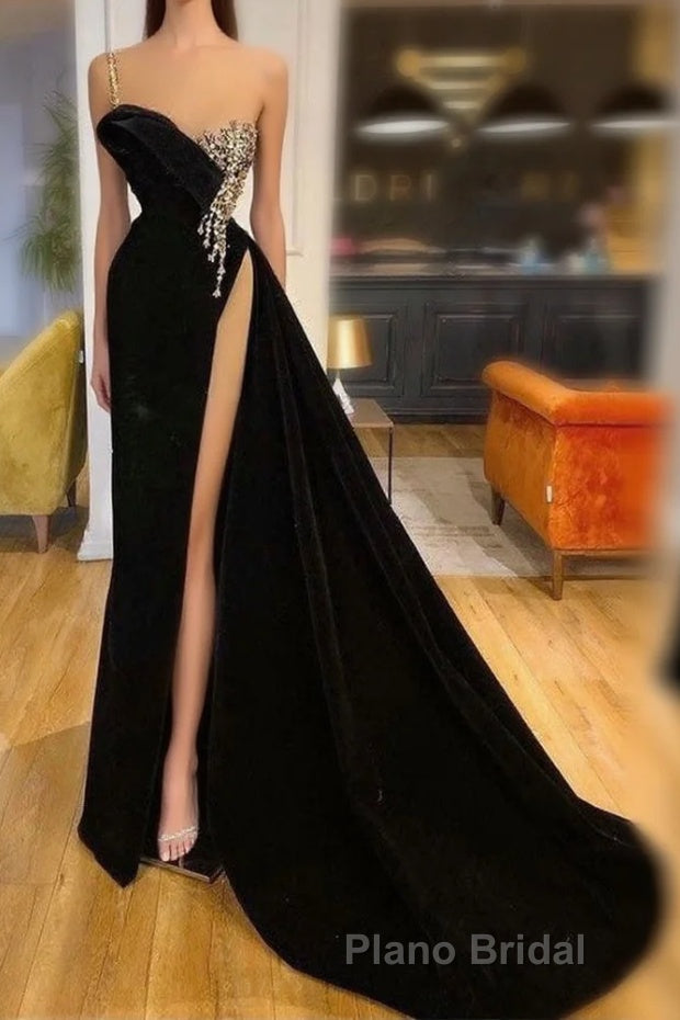 Gorgeous Black Split Front One Shoulder Formal Prom Dress With Beading Main image
