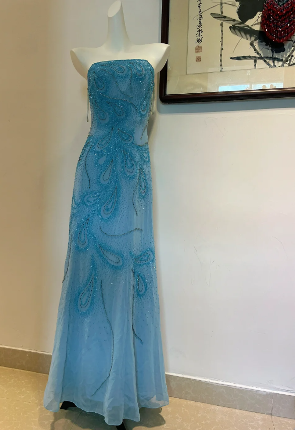 Gorgeous Blue A-Line Strapless Beaded Chiffon Long Formal Prom Dresses