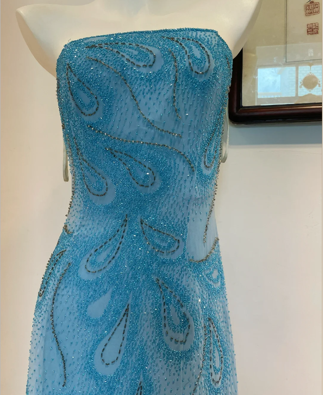 Gorgeous Blue A-Line Strapless Beaded Chiffon Long Formal Prom Dresses