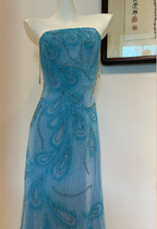 Gorgeous Blue A-Line Strapless Beaded Chiffon Long Formal Prom Dresses