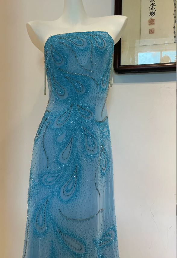 Gorgeous Blue A-Line Strapless Beaded Chiffon Long Formal Prom Dresses