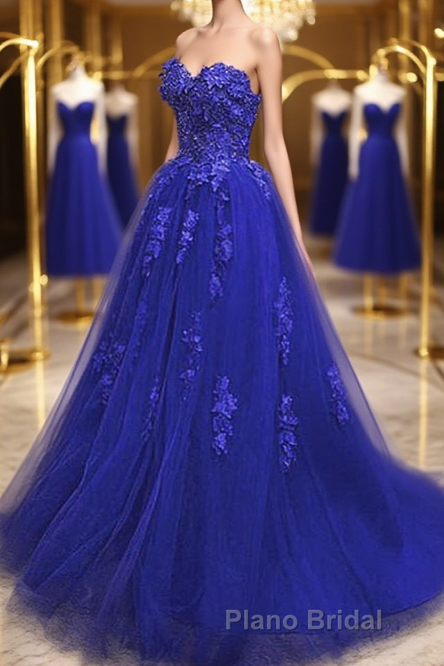 Gorgeous Blue Lace Floral Long Formal Prom Dress, Blue Appliques Formal Evening Dress, Blue Ball Gown Main image
