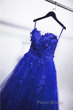 Gorgeous Blue Lace Floral Long Formal Prom Dress, Blue Appliques Formal Evening Dress, Blue Ball Gown