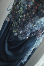 Gorgeous Blue Off-Shoulder Sequined 3D Floral Satin Long Formal Prom Dresses