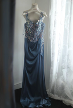 Gorgeous Blue Off-Shoulder Sequined 3D Floral Satin Long Formal Prom Dresses