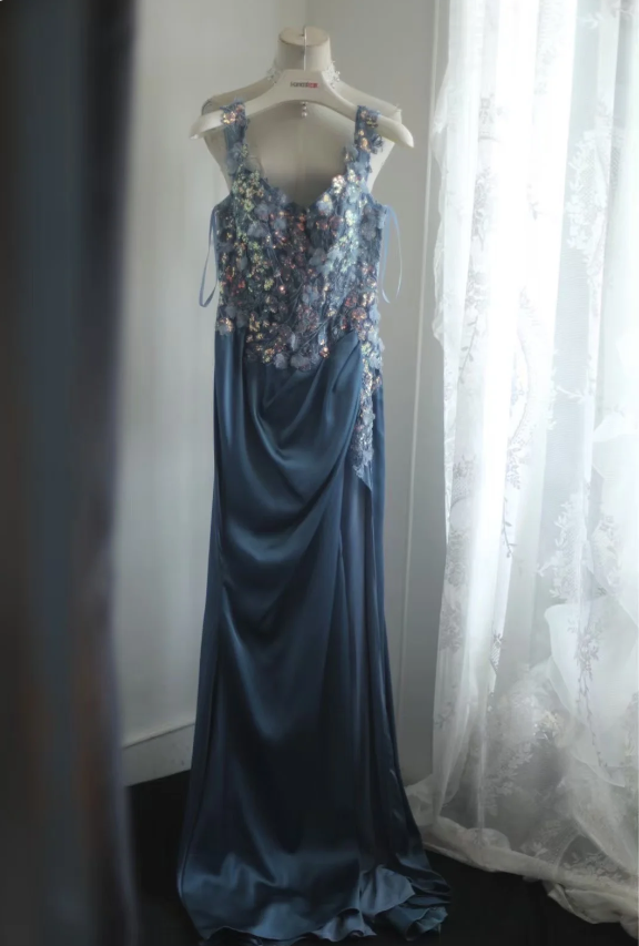 Gorgeous Blue Off-Shoulder Sequined 3D Floral Satin Long Formal Prom Dresses