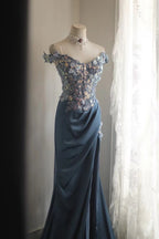 Gorgeous Blue Off-Shoulder Sequined 3D Floral Satin Long Formal Prom Dresses