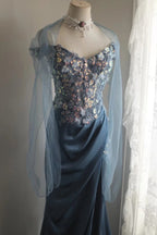 Gorgeous Blue Off-Shoulder Sequined 3D Floral Satin Long Formal Prom Dresses