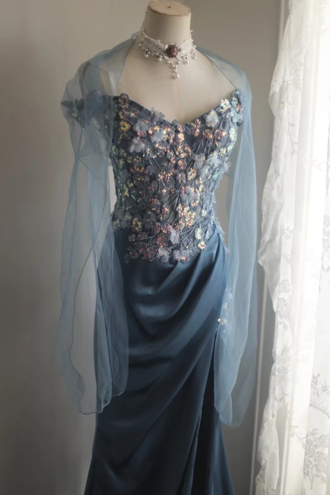 Gorgeous Blue Off-Shoulder Sequined 3D Floral Satin Long Formal Prom Dresses