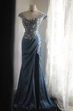 Gorgeous Blue Off-Shoulder Sequined 3D Floral Satin Long Formal Prom Dresses
