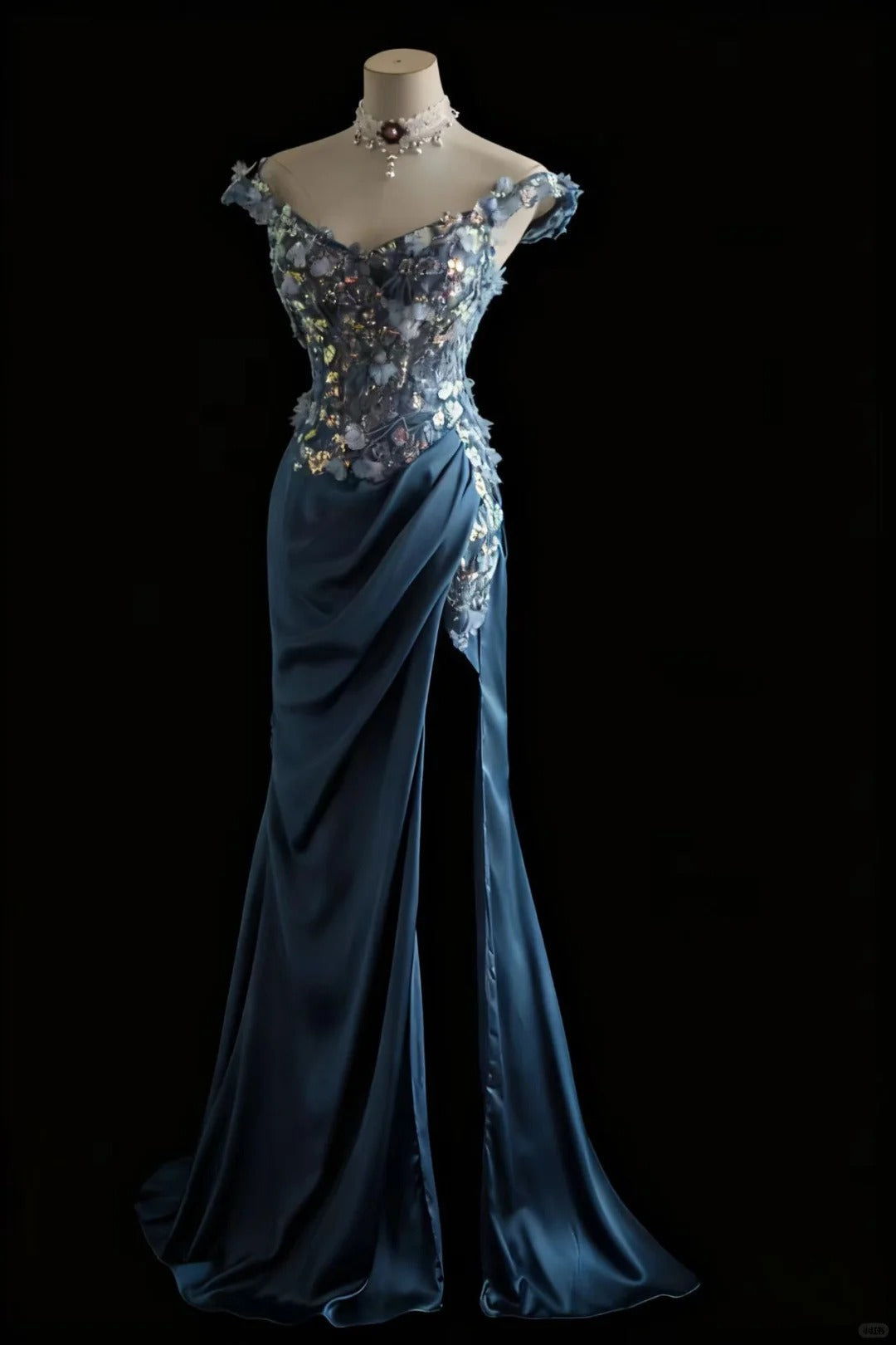 Gorgeous Blue Off-Shoulder Sequined 3D Floral Satin Long Formal Prom Dresses Main image