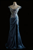 Gorgeous Blue Off-Shoulder Sequined 3D Floral Satin Long Formal Prom Dresses