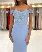 Gorgeous Blue Off-The-Shoulder Mermaid Prom Dresses With Lace