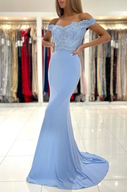 Gorgeous Blue Off-The-Shoulder Mermaid Prom Dresses With Lace Main image