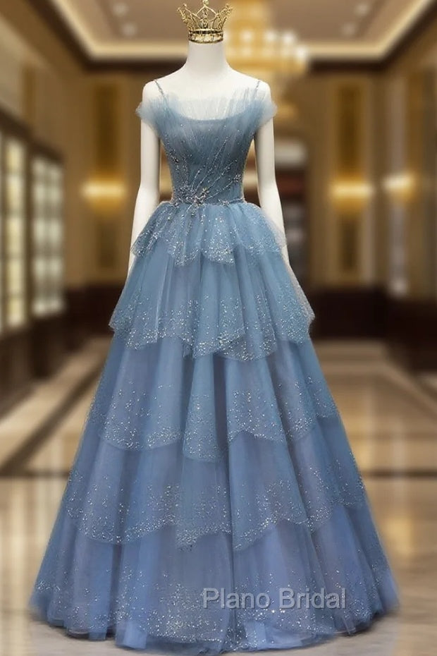 Gorgeous Blue Tulle Layers Beaded Long Wedding Party Dresses, Blue Formal Gown