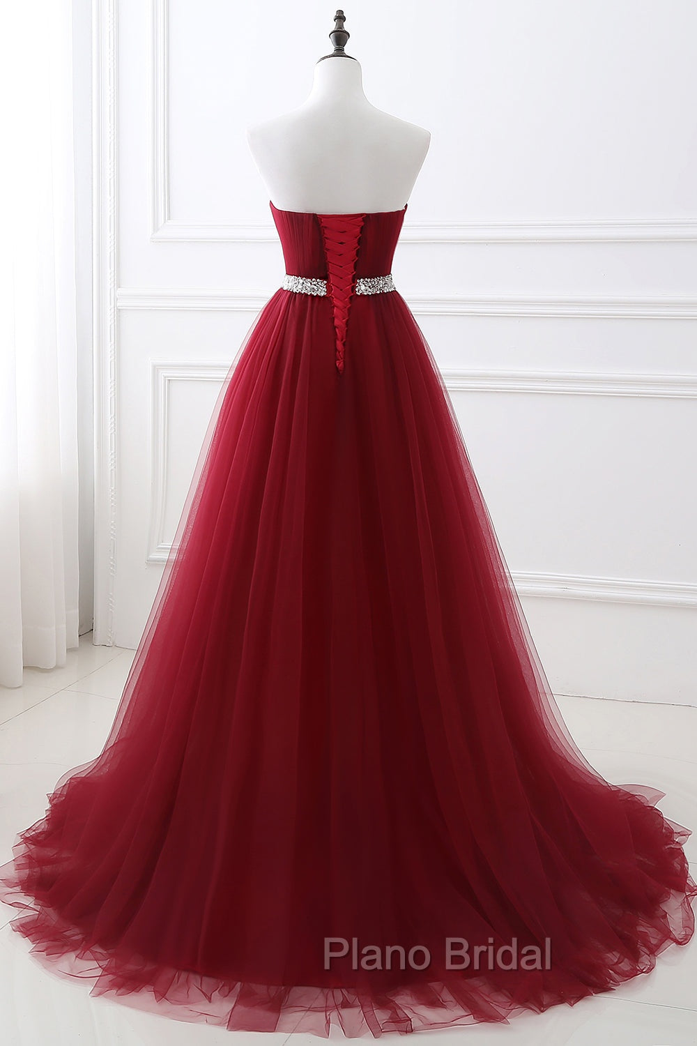 Gorgeous Burgundy Sweetheart Long Formal Prom Dresses Tulle Crystal Evening Gown Secondary image