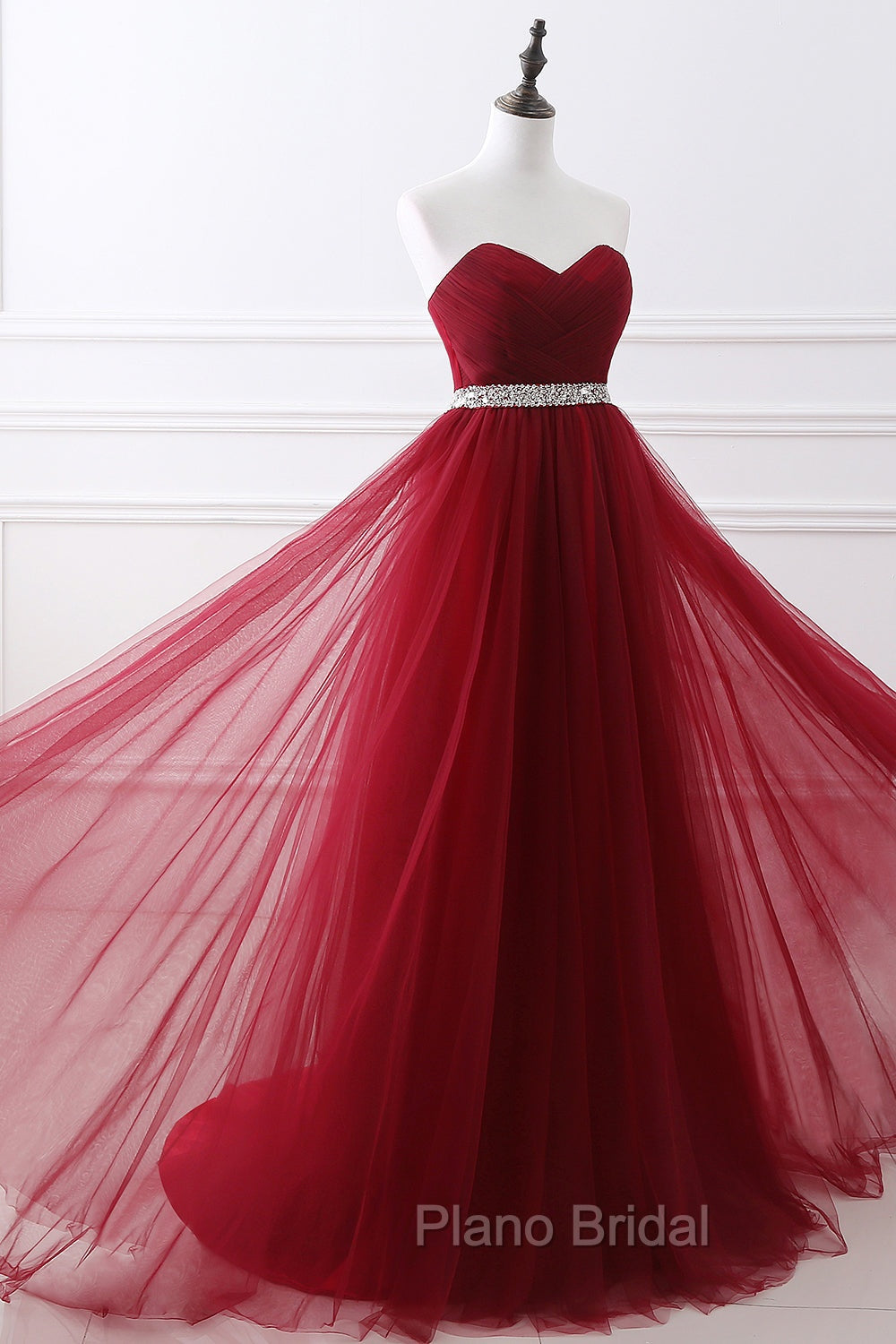 Gorgeous Burgundy Sweetheart Long Formal Prom Dresses Tulle Crystal Evening Gown