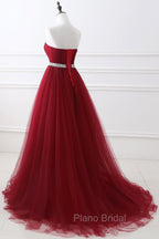 Gorgeous Burgundy Sweetheart Long Formal Prom Dresses Tulle Crystal Evening Gown
