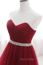 Gorgeous Burgundy Sweetheart Long Formal Prom Dresses Tulle Crystal Evening Gown