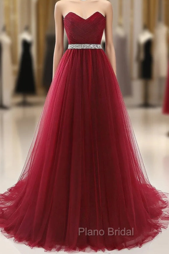 Gorgeous Burgundy Sweetheart Long Formal Prom Dresses Tulle Crystal Evening Gown