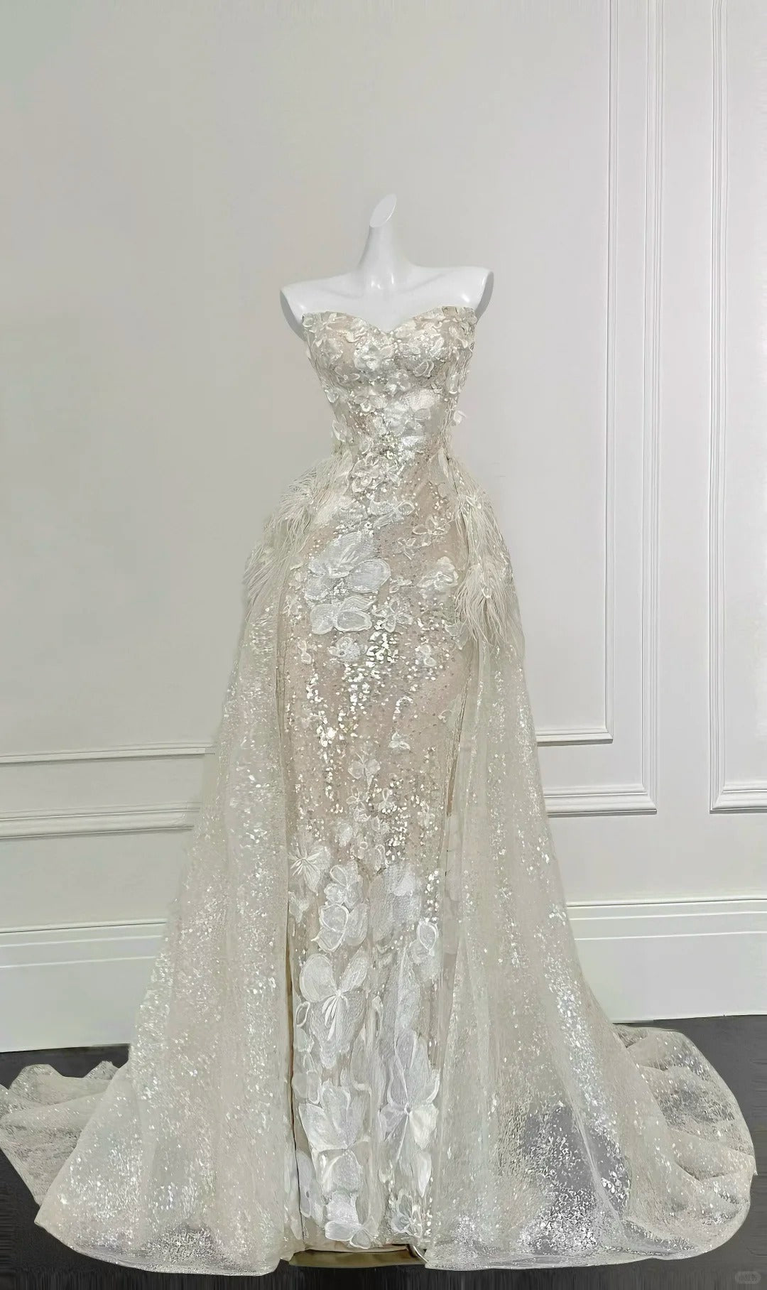 Gorgeous Champagne Gold Mermaid Strapless Sequined 3D Flower Tulle Wedding Dresses With Train Main image