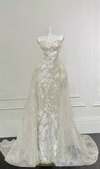 Gorgeous Champagne Gold Mermaid Strapless Sequined 3D Flower Tulle Wedding Dresses With Train