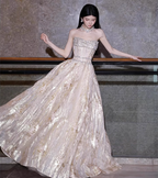Gorgeous Champagne Gold Strapless A-Line Beaded Tulle Long Formal Prom Dresses