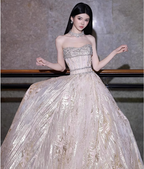 Gorgeous Champagne Gold Strapless A-Line Beaded Tulle Long Formal Prom Dresses
