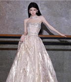 Gorgeous Champagne Gold Strapless A-Line Beaded Tulle Long Formal Prom Dresses