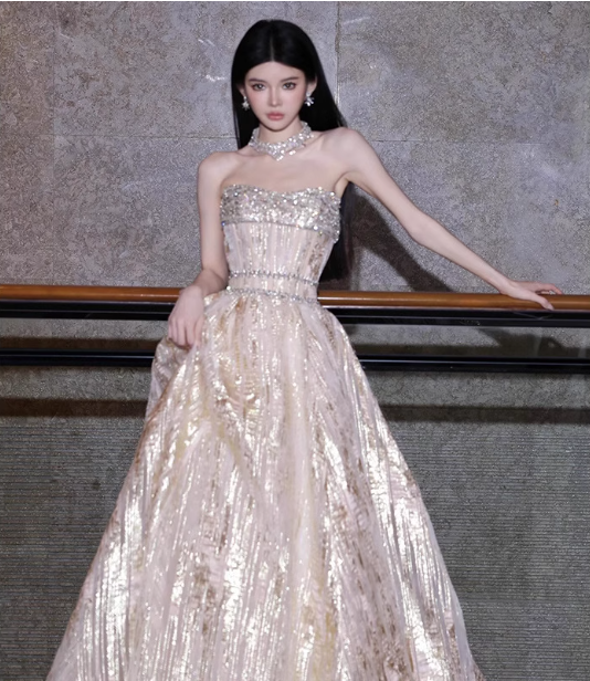 Gorgeous Champagne Gold Strapless A-Line Beaded Tulle Long Formal Prom Dresses